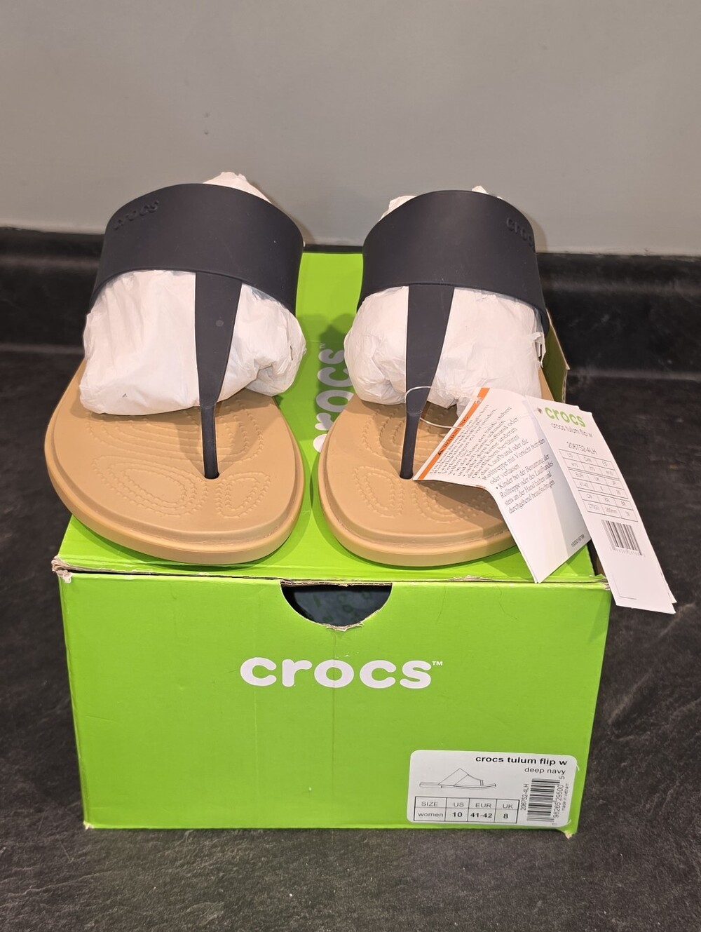 Crocs NWT size 10 Tulum Flip Sandal in Navy Blue and Tan
